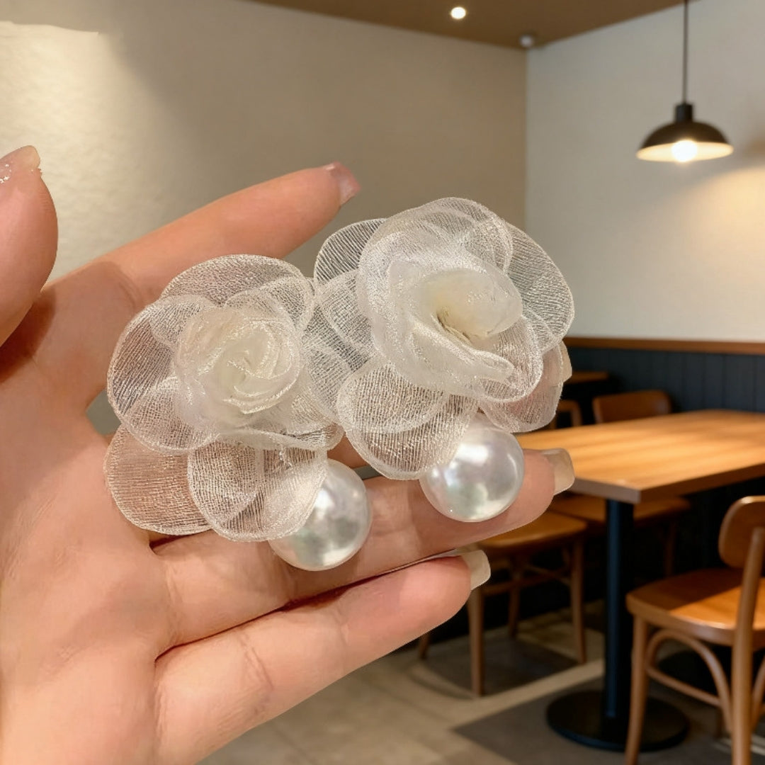 White Rose Pearl Earrings