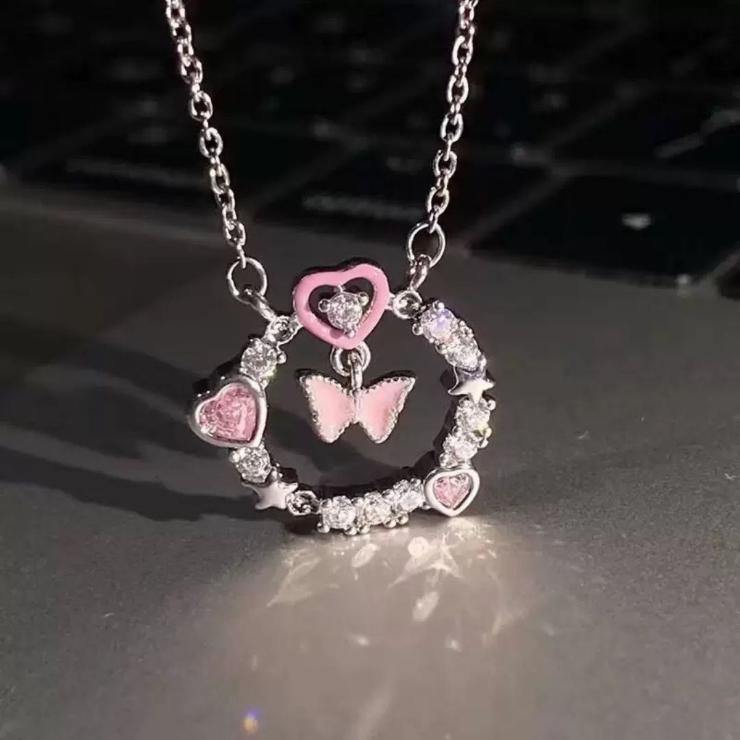 Pink Heart Butterfly Necklace