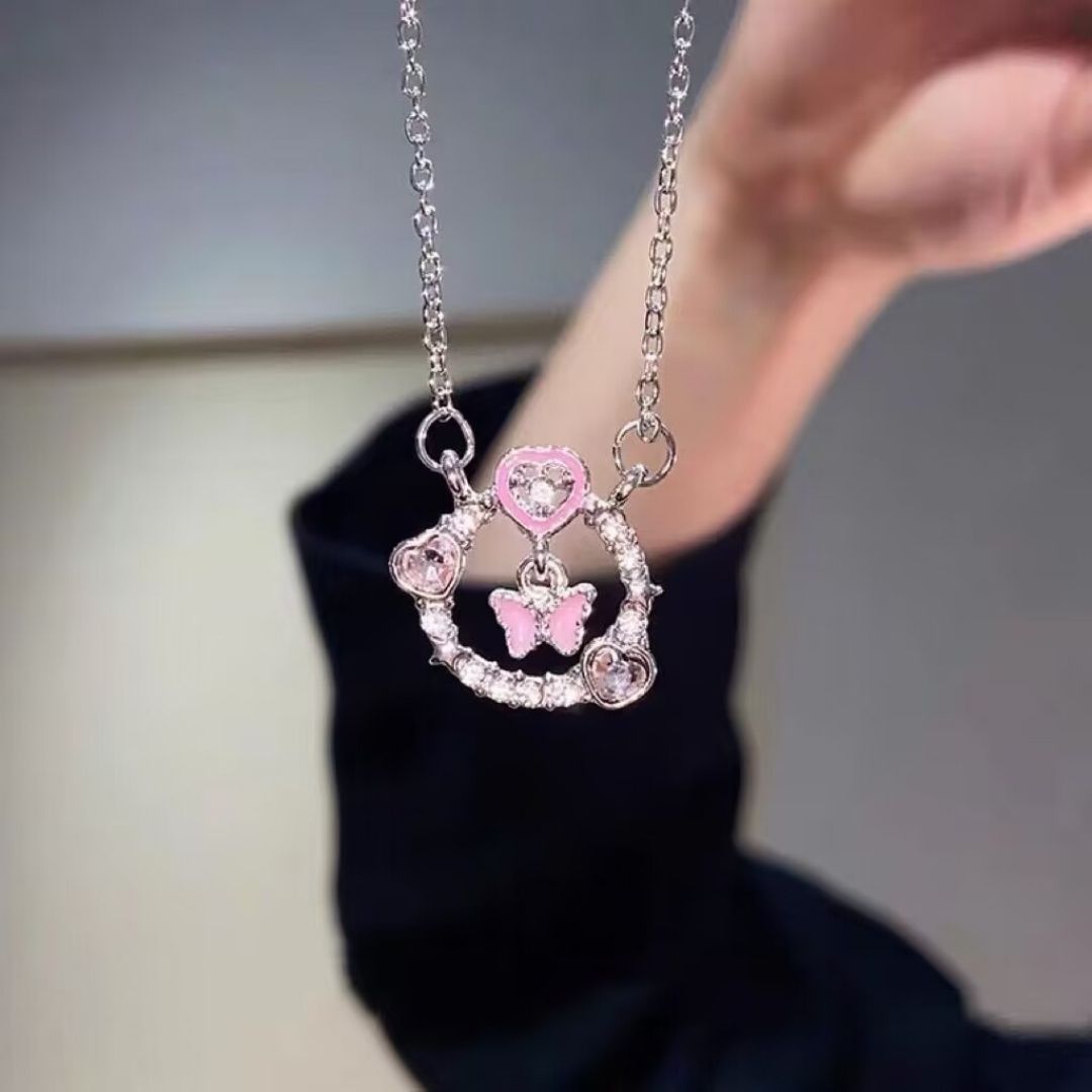 Pink Heart Butterfly Necklace