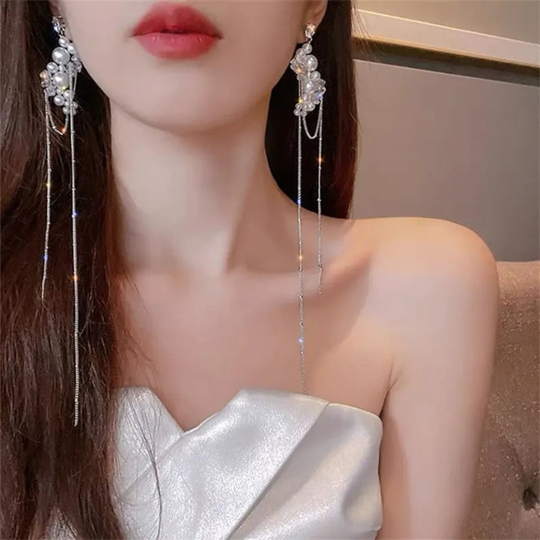 Whispering Chains Pearl & Crystal Drops Earrings