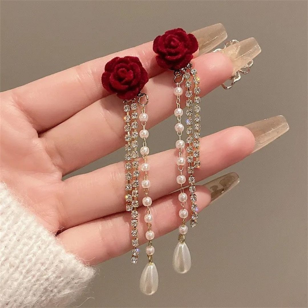 Crimson Rose Pearl Dangles Earring