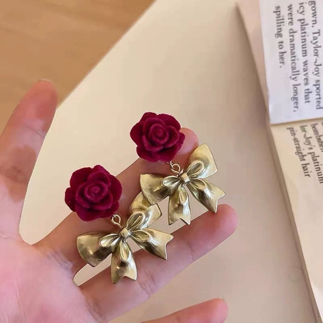 Crimson Rose & Gilded Bows Drop Earrings