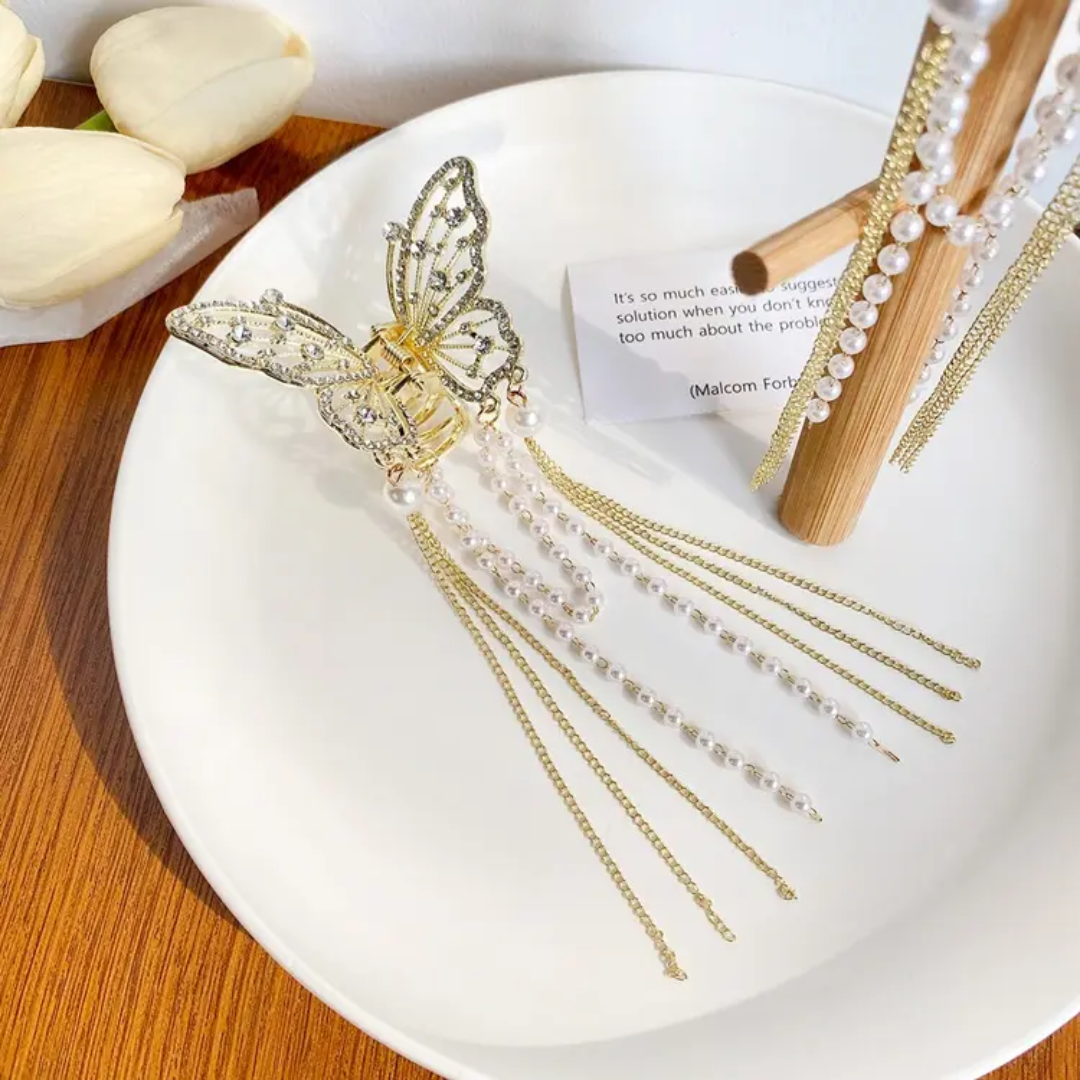 Butterfly Pearl Tassel Hair Claw