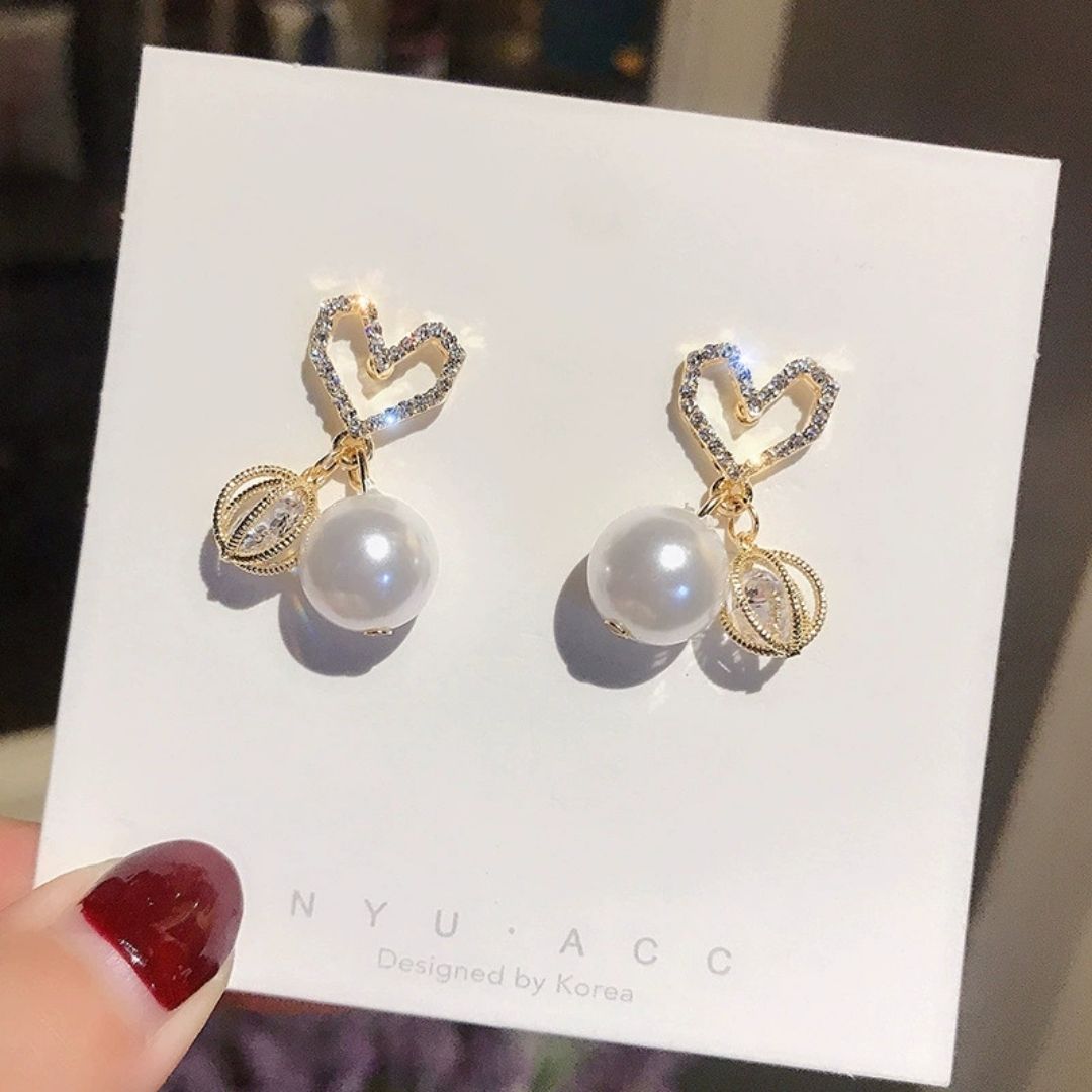Pavé Heart & Pearl Cascades Earrings