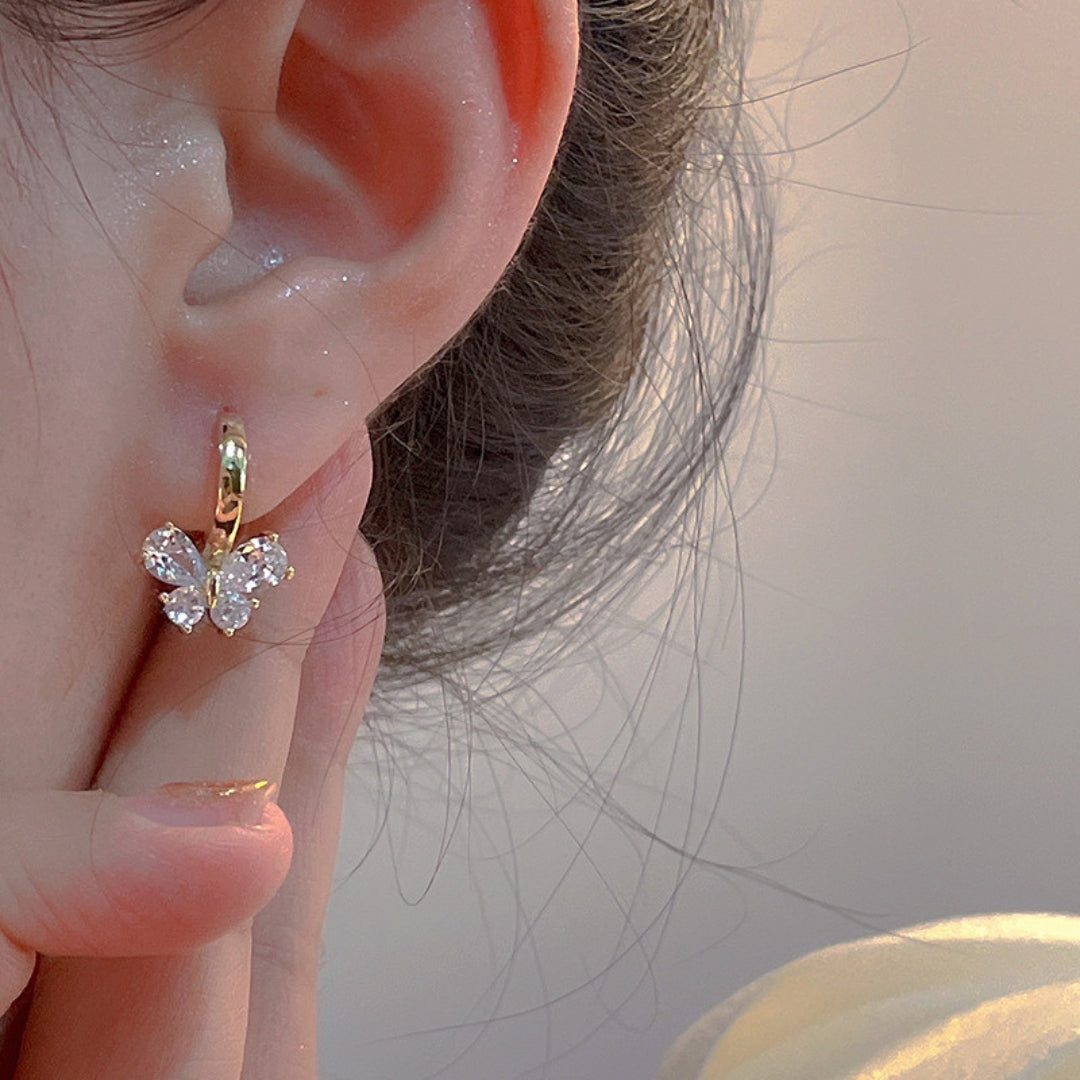 Silver Zircon Butterfly Hoops Earrings