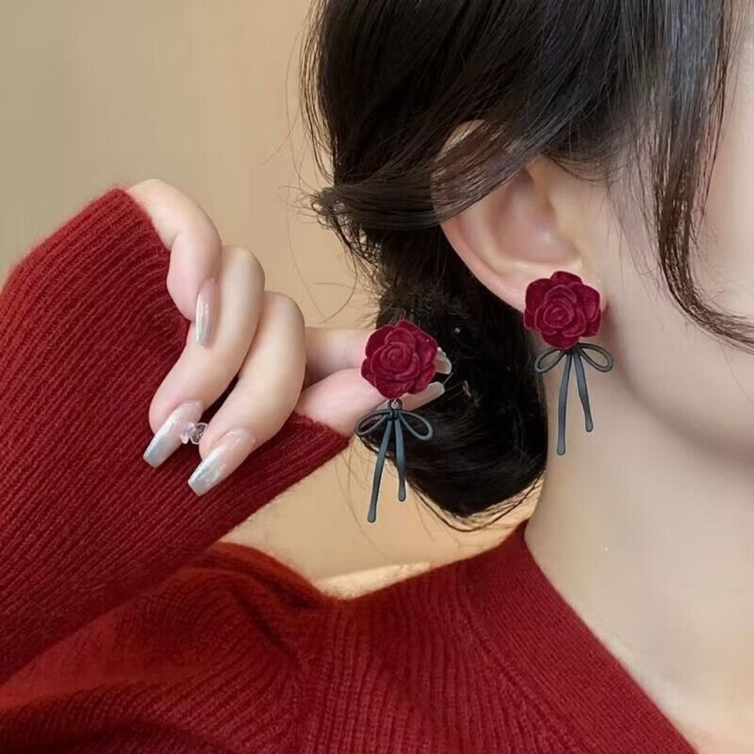 Velvet Rose & Ribbon Drop Earrings