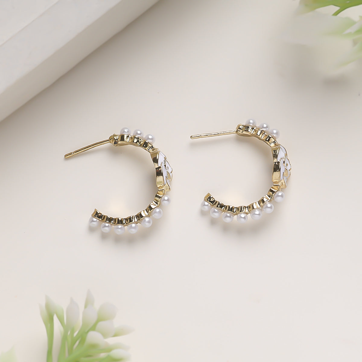 Rosette Pearl Hoops Earrings