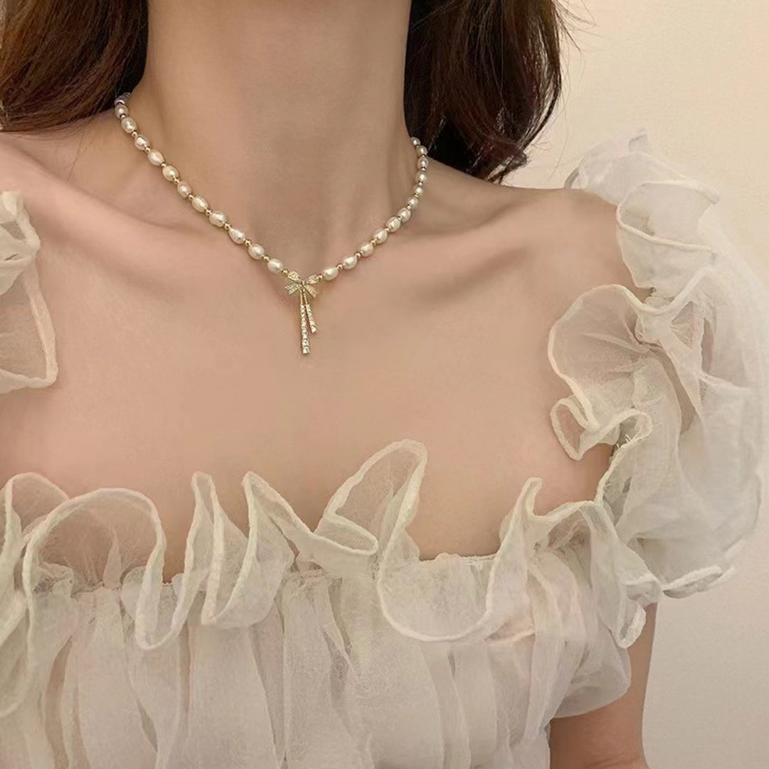 Graceful Pearl & Zircon Bow Necklace