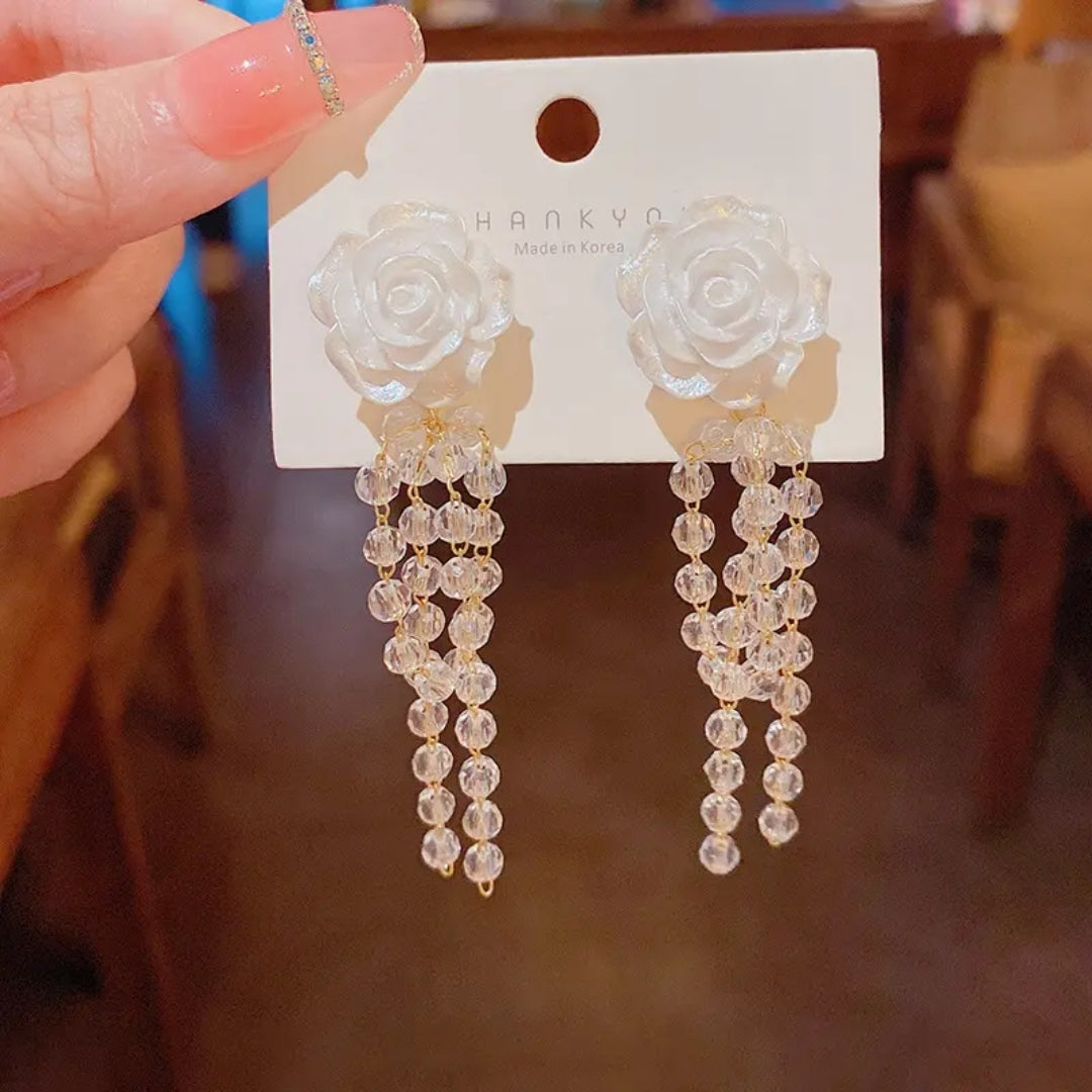 White Rose Crystal Dangles Earrings