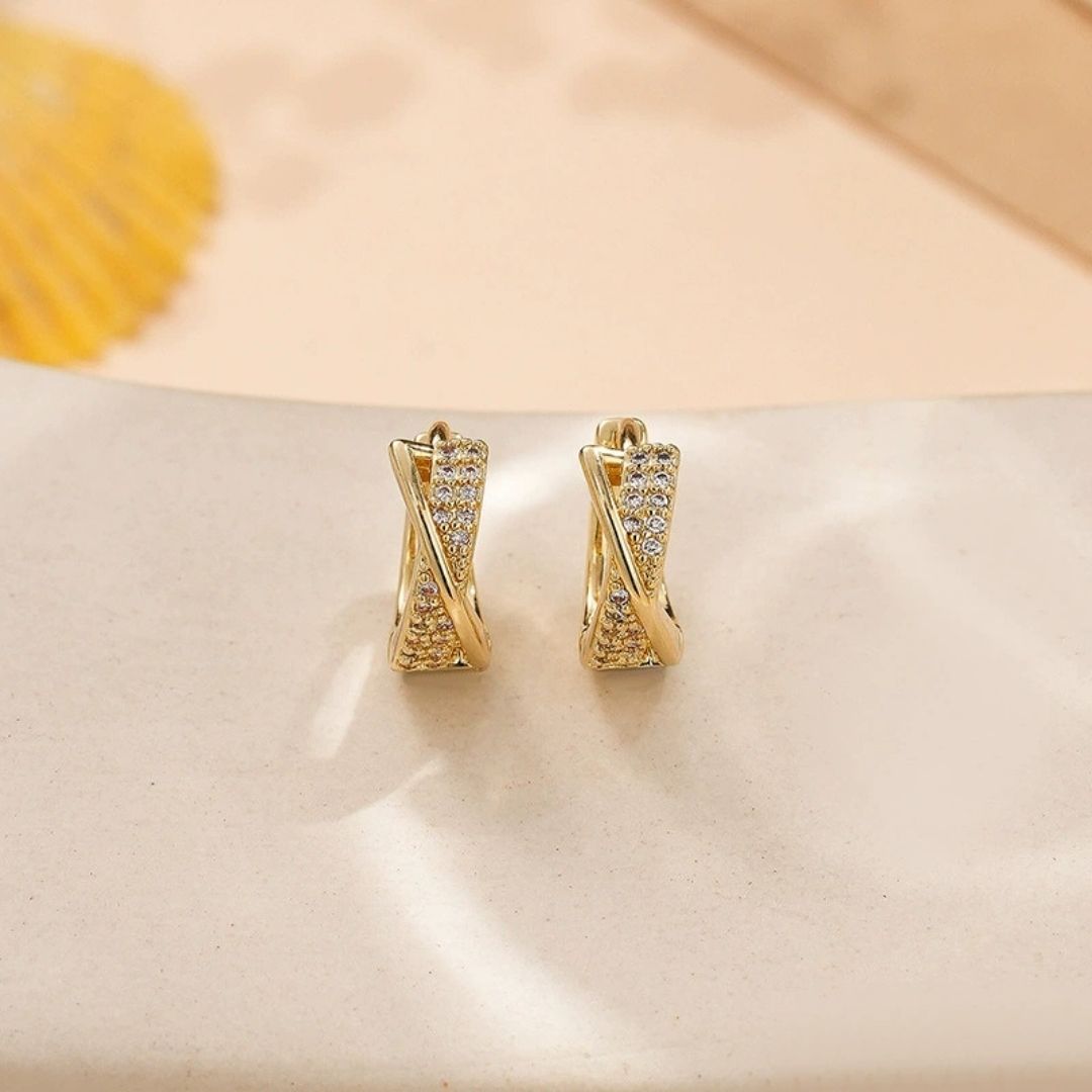 Gold Twisted Pavé Huggies Earrings