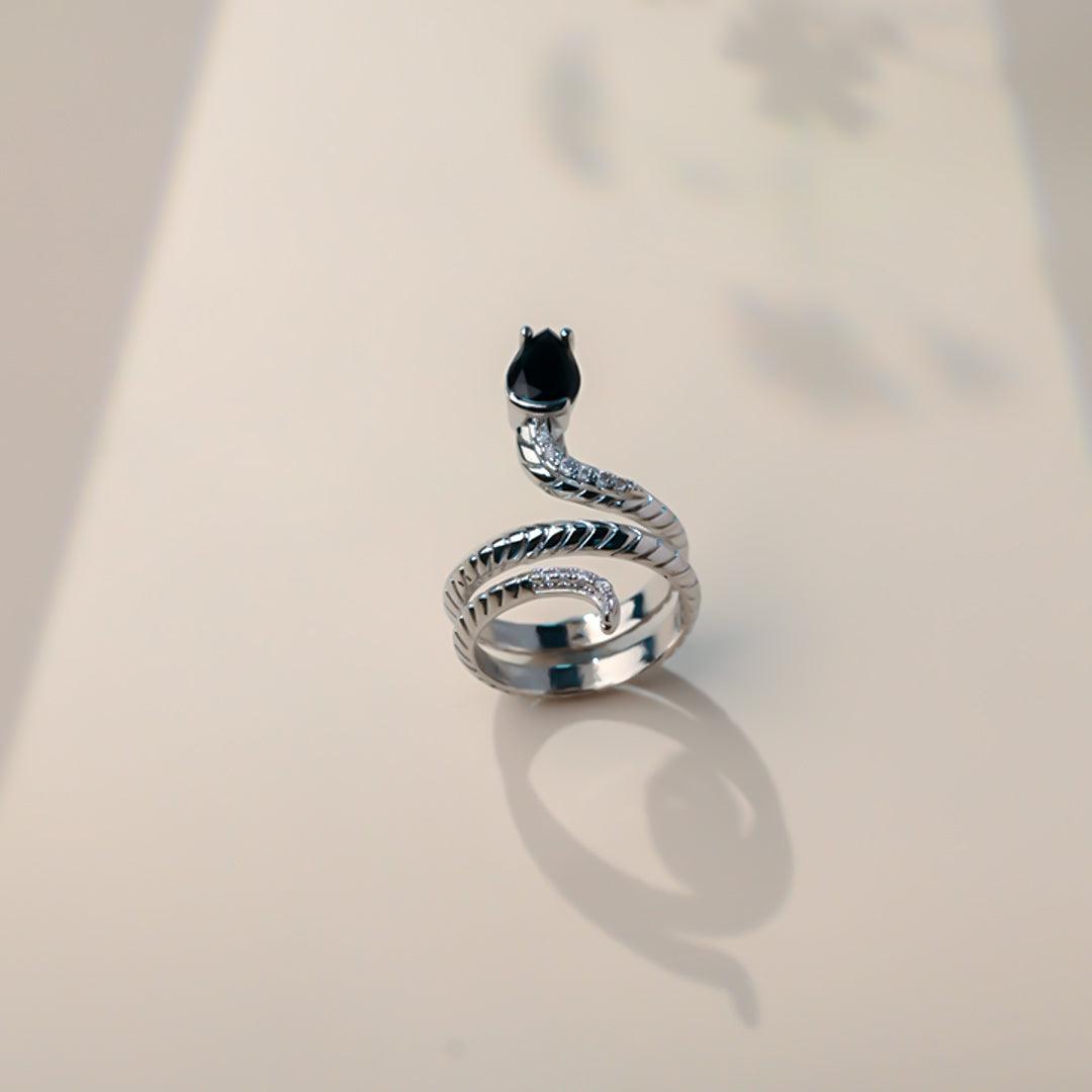 Silver Snake Black Gem Ring