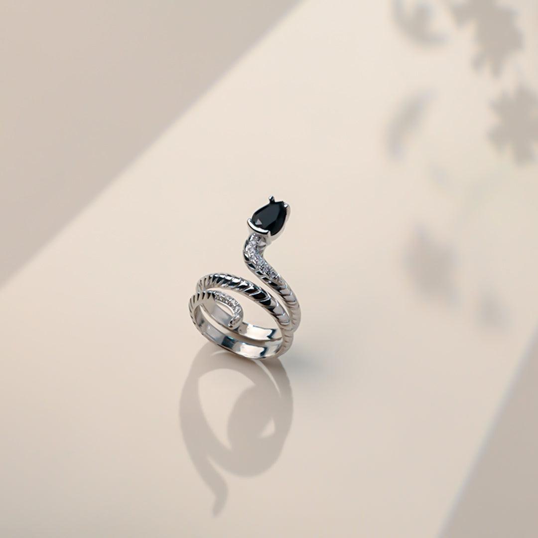 Silver Snake Black Gem Ring