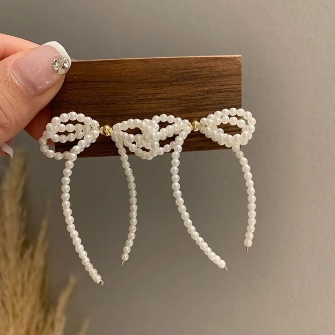Beaded Bow-Shaped Drop Earrings