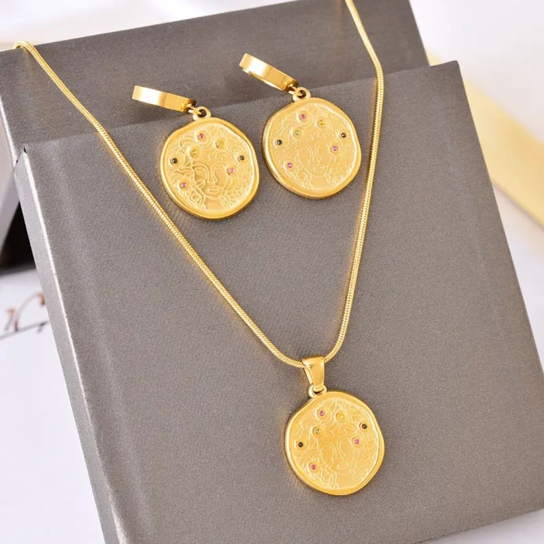 Medallion Coin Necklace & Hoop Earrings Set