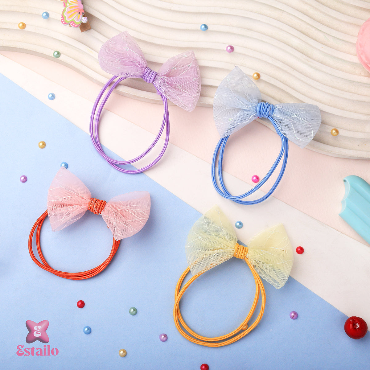 Multicolor Bow Ribbon Rubber (pack of 4)