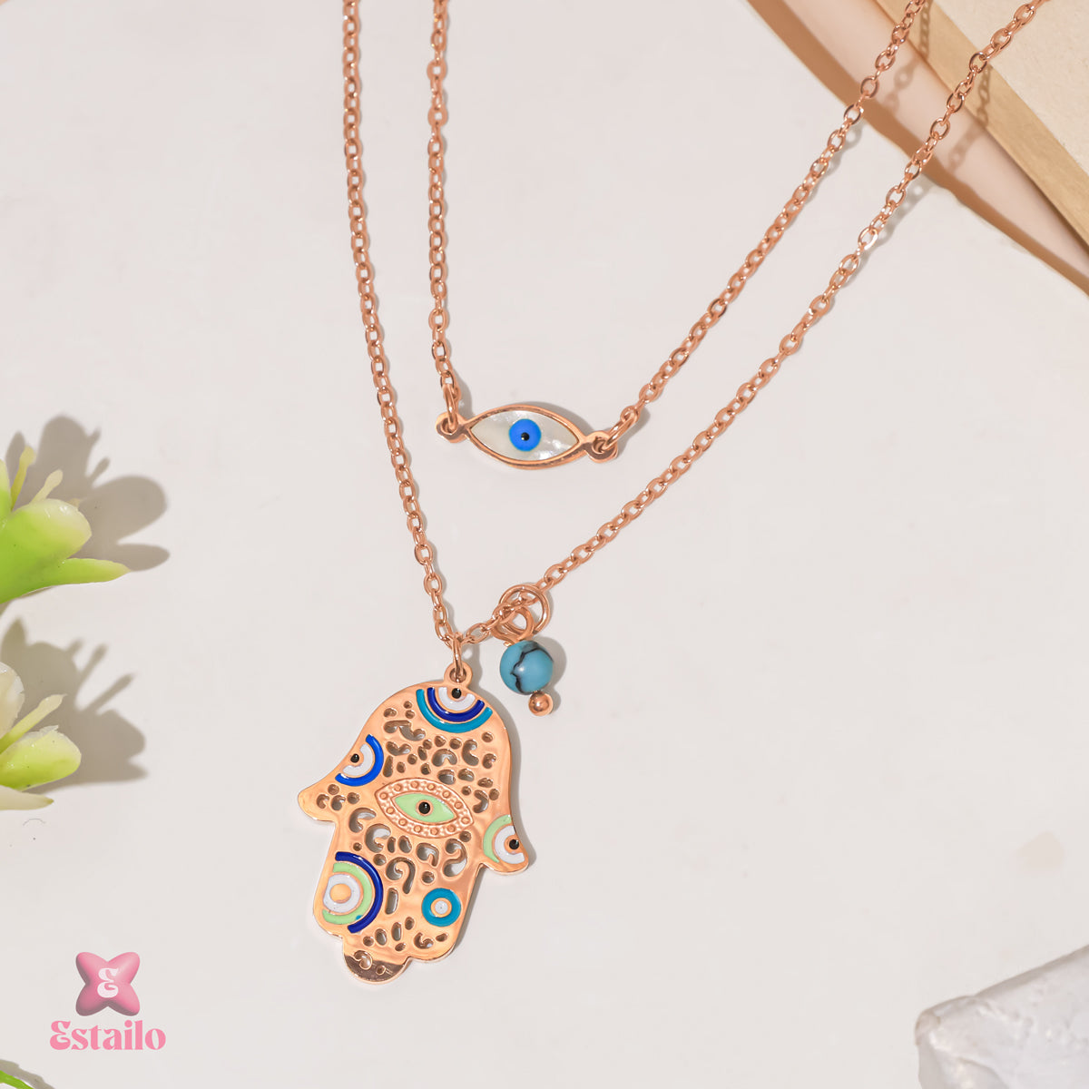 Rosy Hamsa Charm Necklace