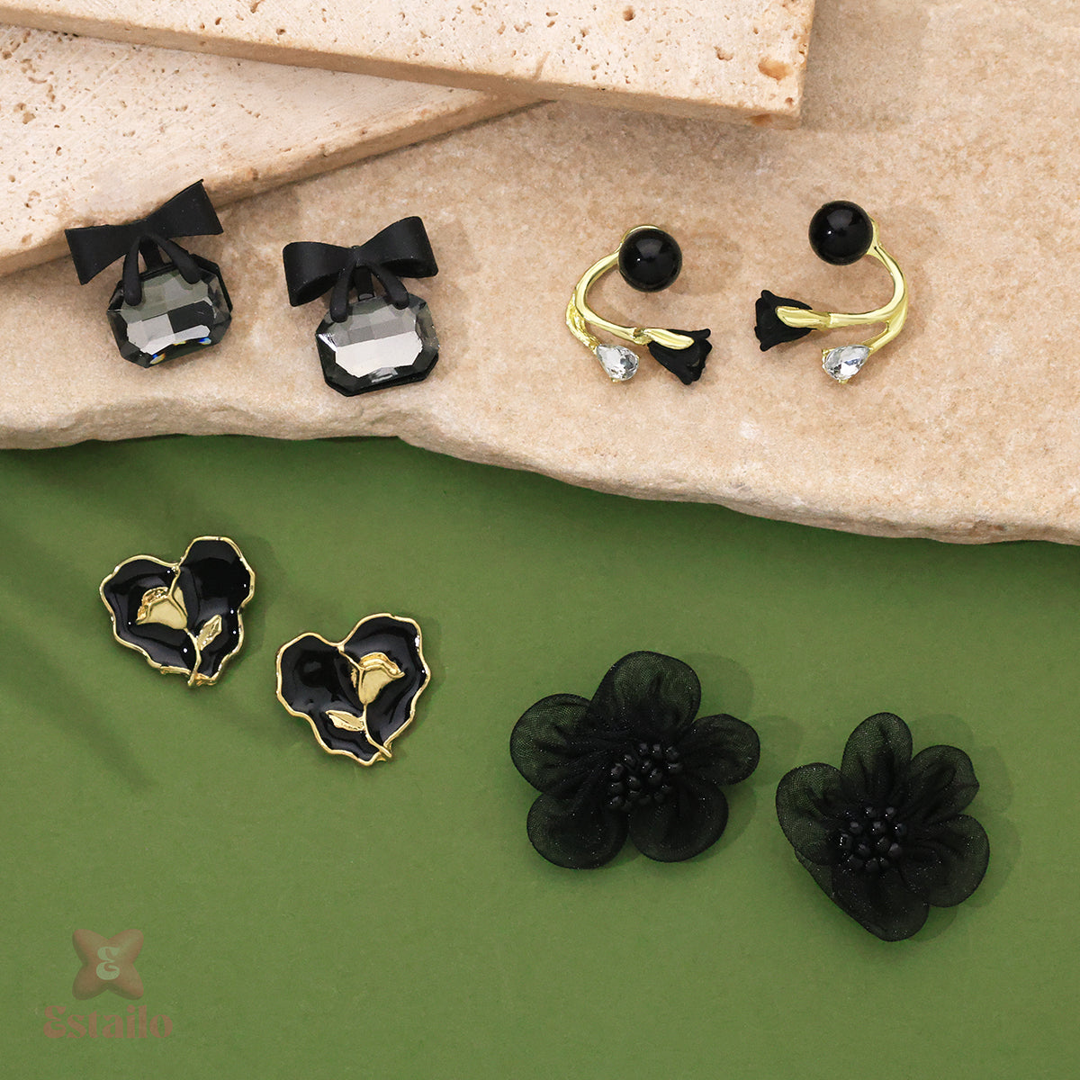 Black Crystal Bow Stud Earrings