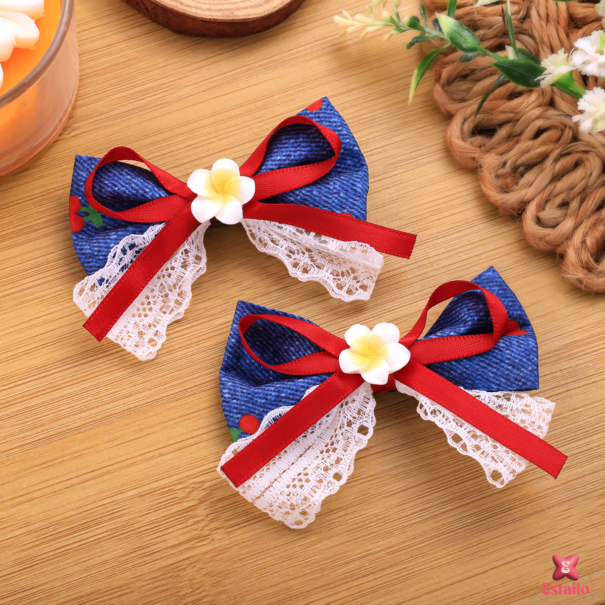 Cherry Blossom Denim Bow Clip