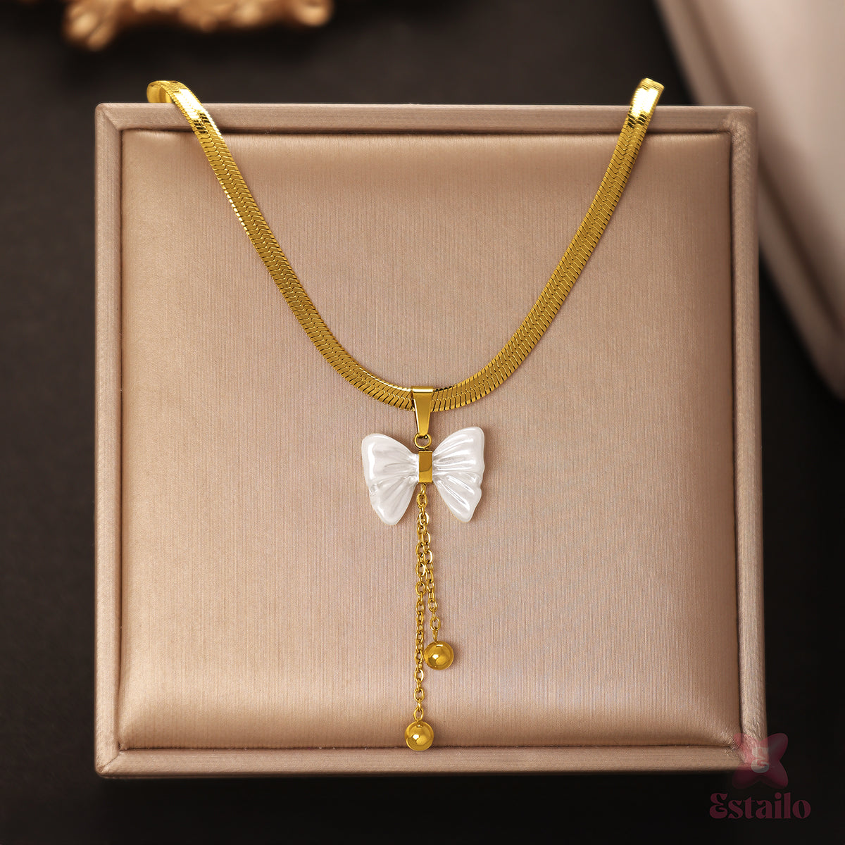 White Bow & Gold Teardrop Necklace