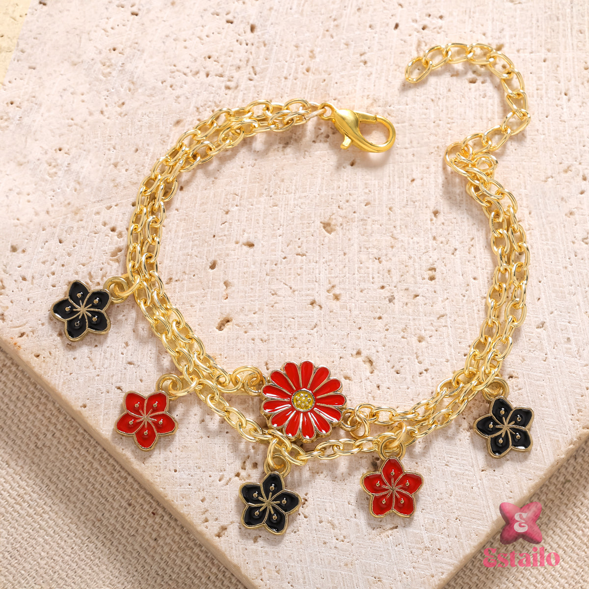 Crimson & Onyx Daisy Charm Bracelet