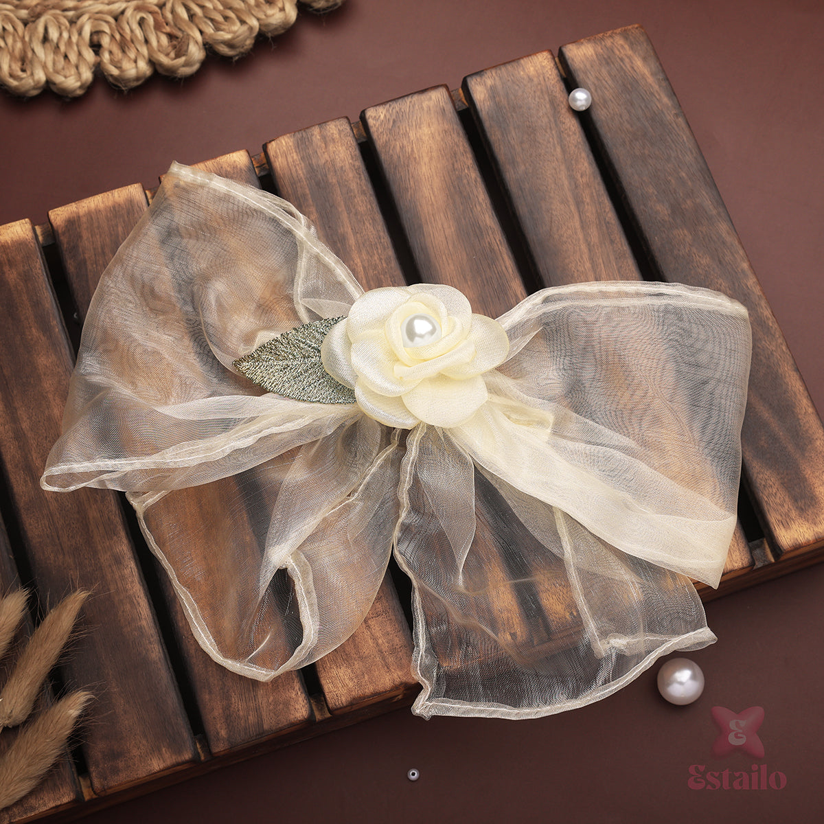 Pearl Blossom Organza Bow Clip