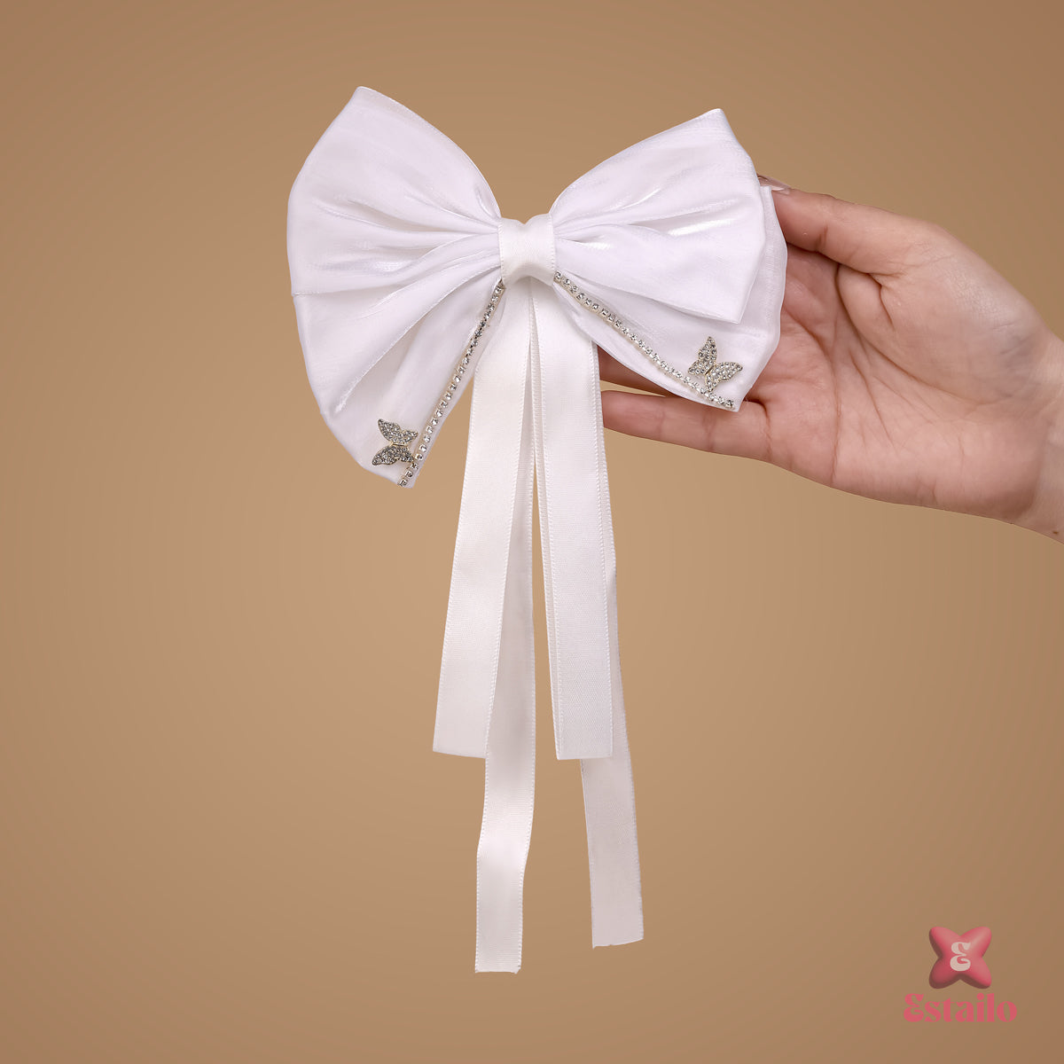 Embellished White Hair Bow Clip