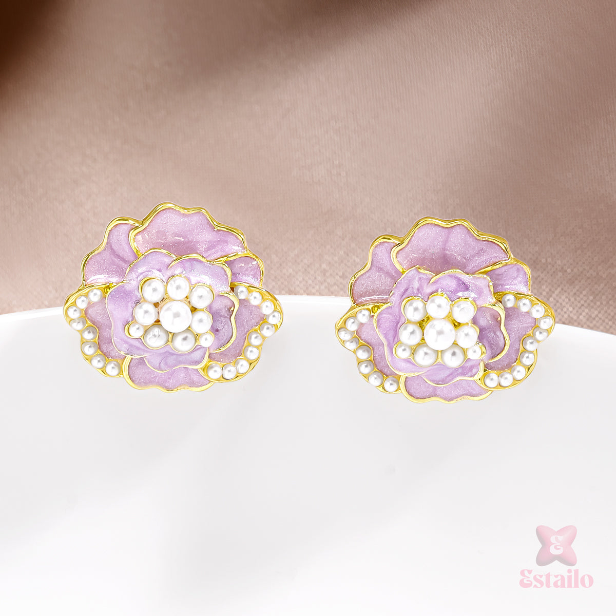 Lavender Peony Pearl Studs Earrings