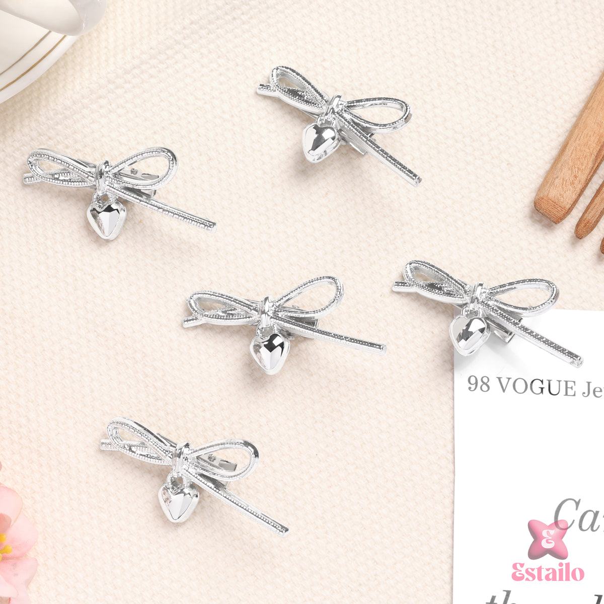 Silver Heart Ribbon Hair Clip