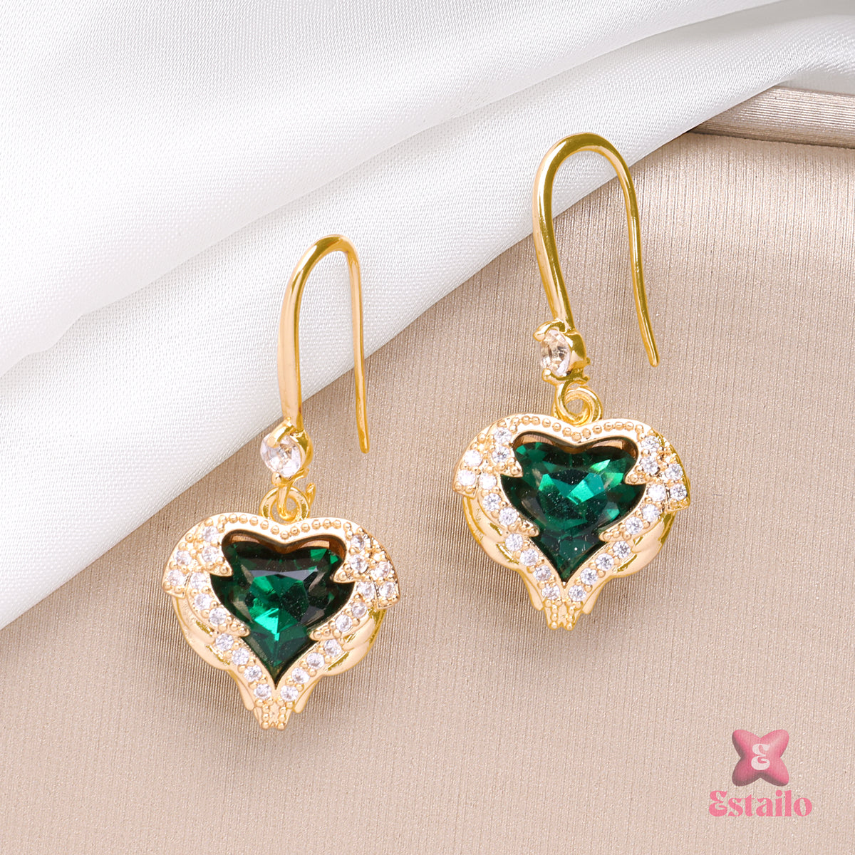 Golden Emerald Hearts Earrings