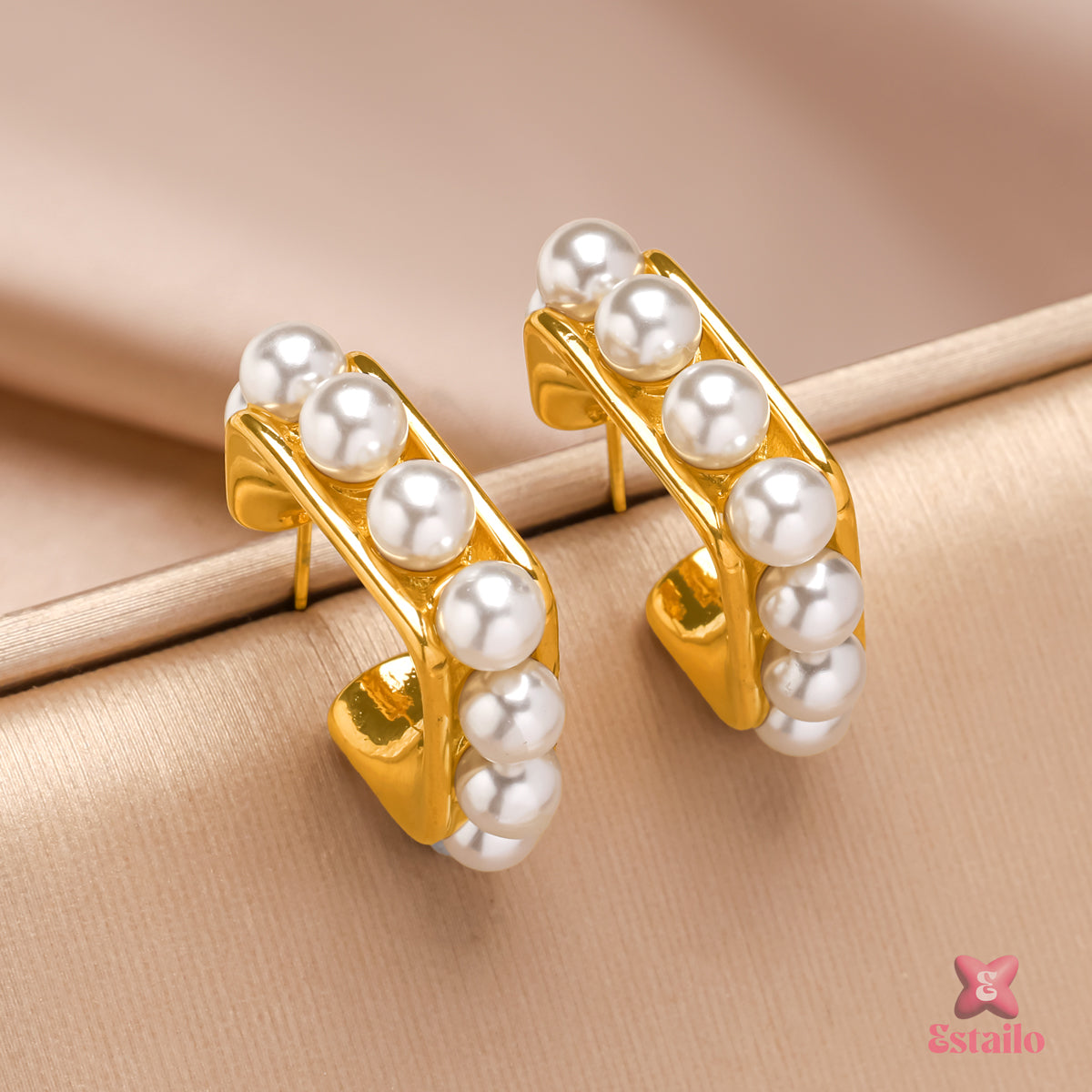 Golden Pearl Hoops Earrings