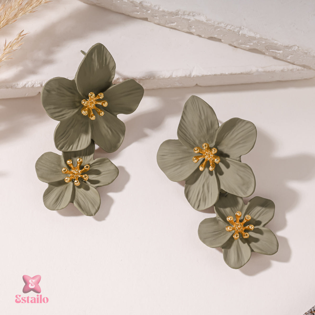 Olive Gold Floral Clusters Earrings