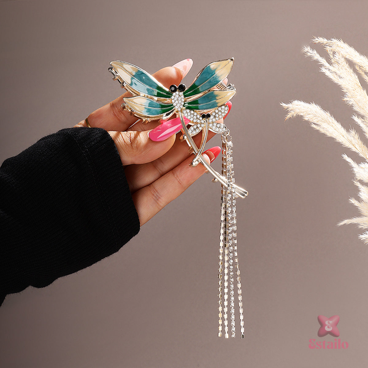 Emerald Dragonfly Tassel Hair Clip