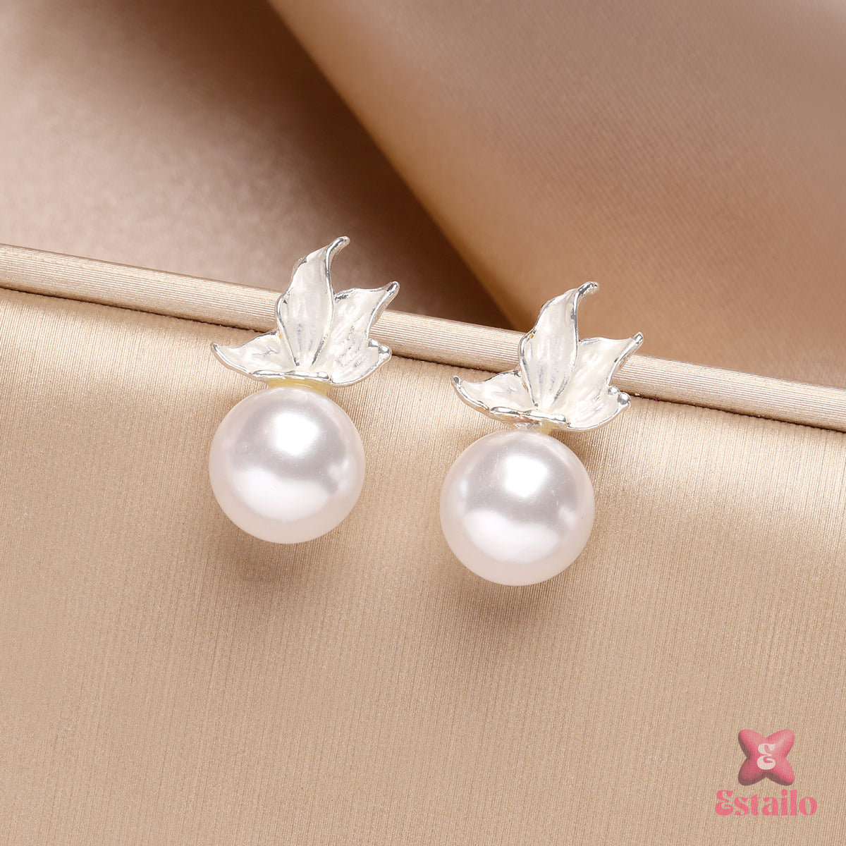 Silver Leaf Pearl Accents Earrings