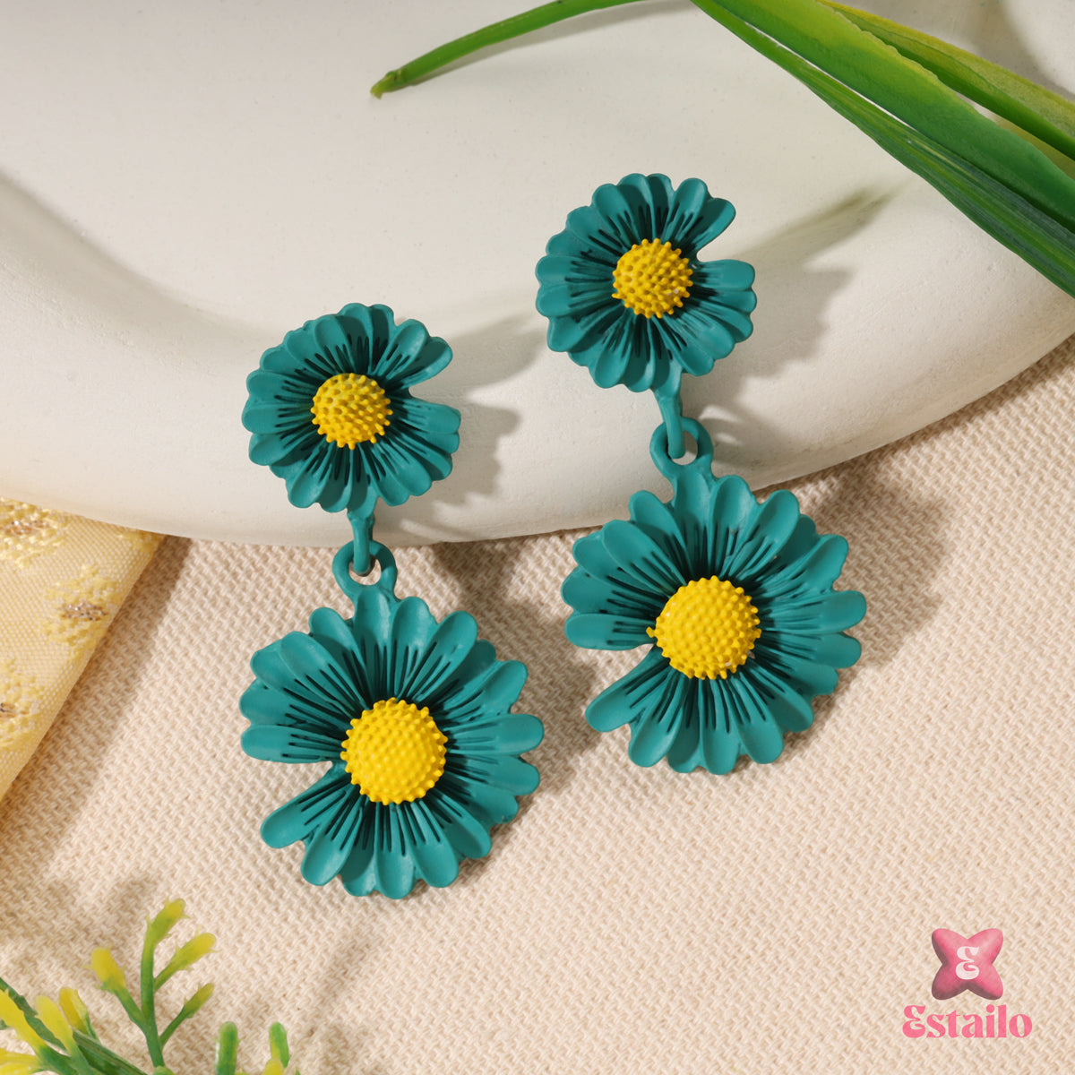 Green Daisy Drop Earrings