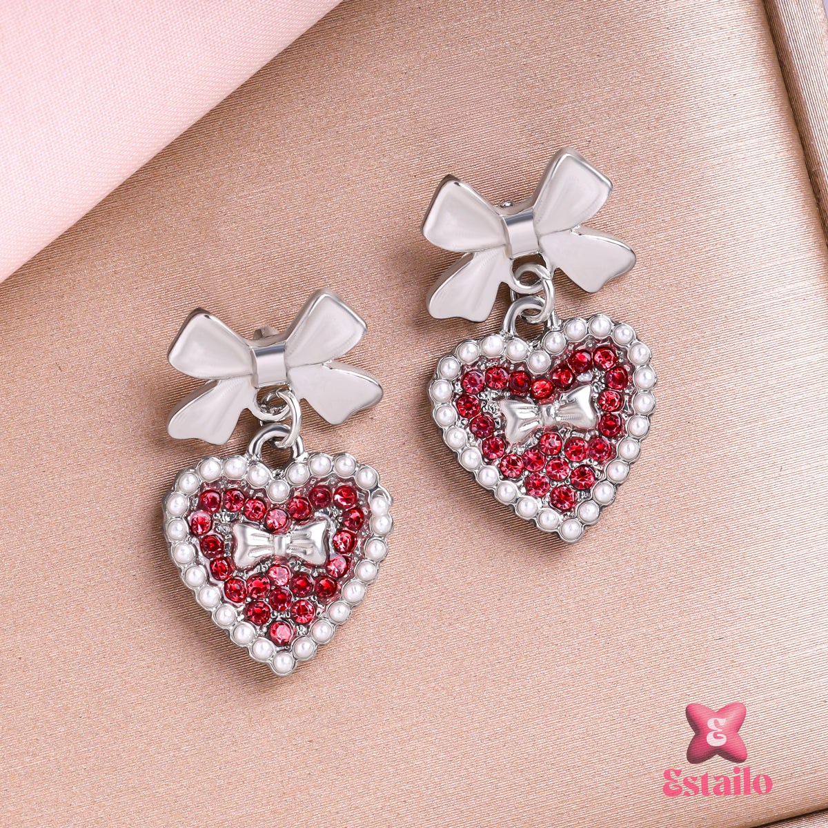 Bow & Crystal Heart Studs Earrings