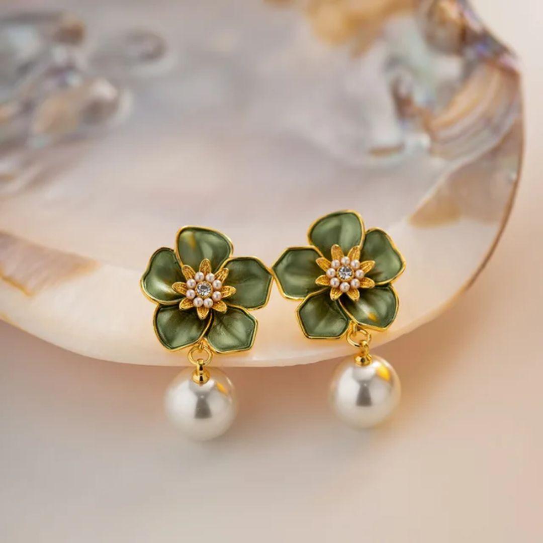 Emerald Petal Pearl Earrings