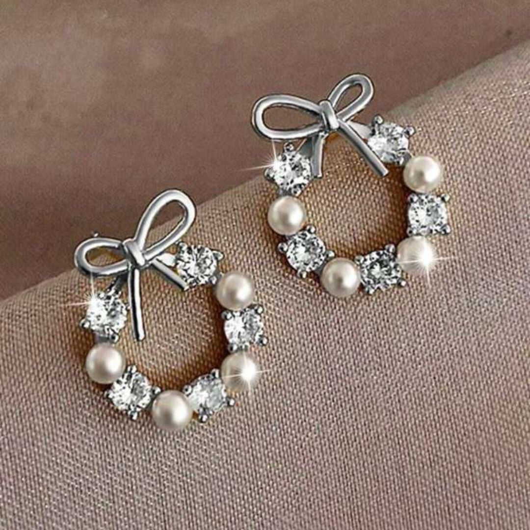 Pearl & Crystal Bow Studs Earring