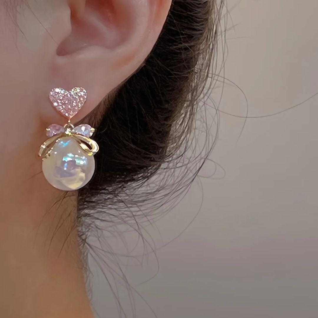 Pink Heart Pearl Drops Earring