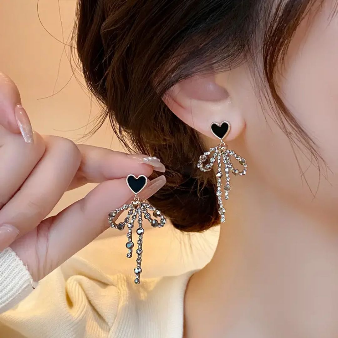 Rhinestone Bow Heart Drop Earrings