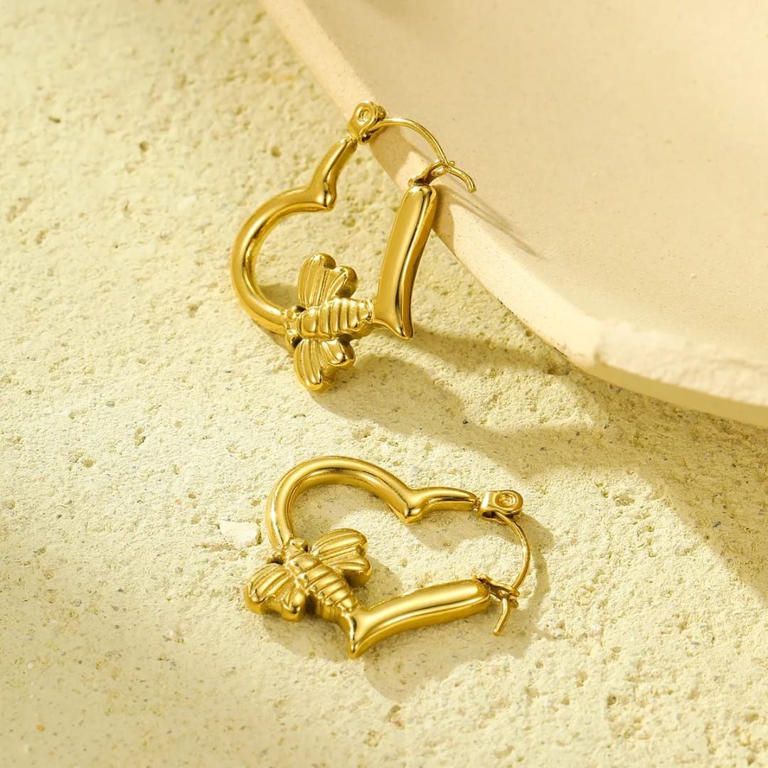 Golden Heart Butterfly Hoops Earrings