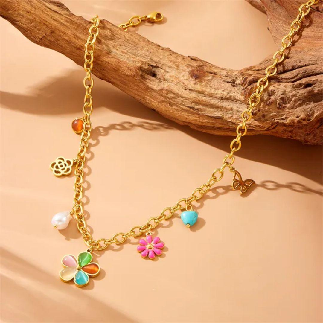 Flower Charm Linked Necklace
