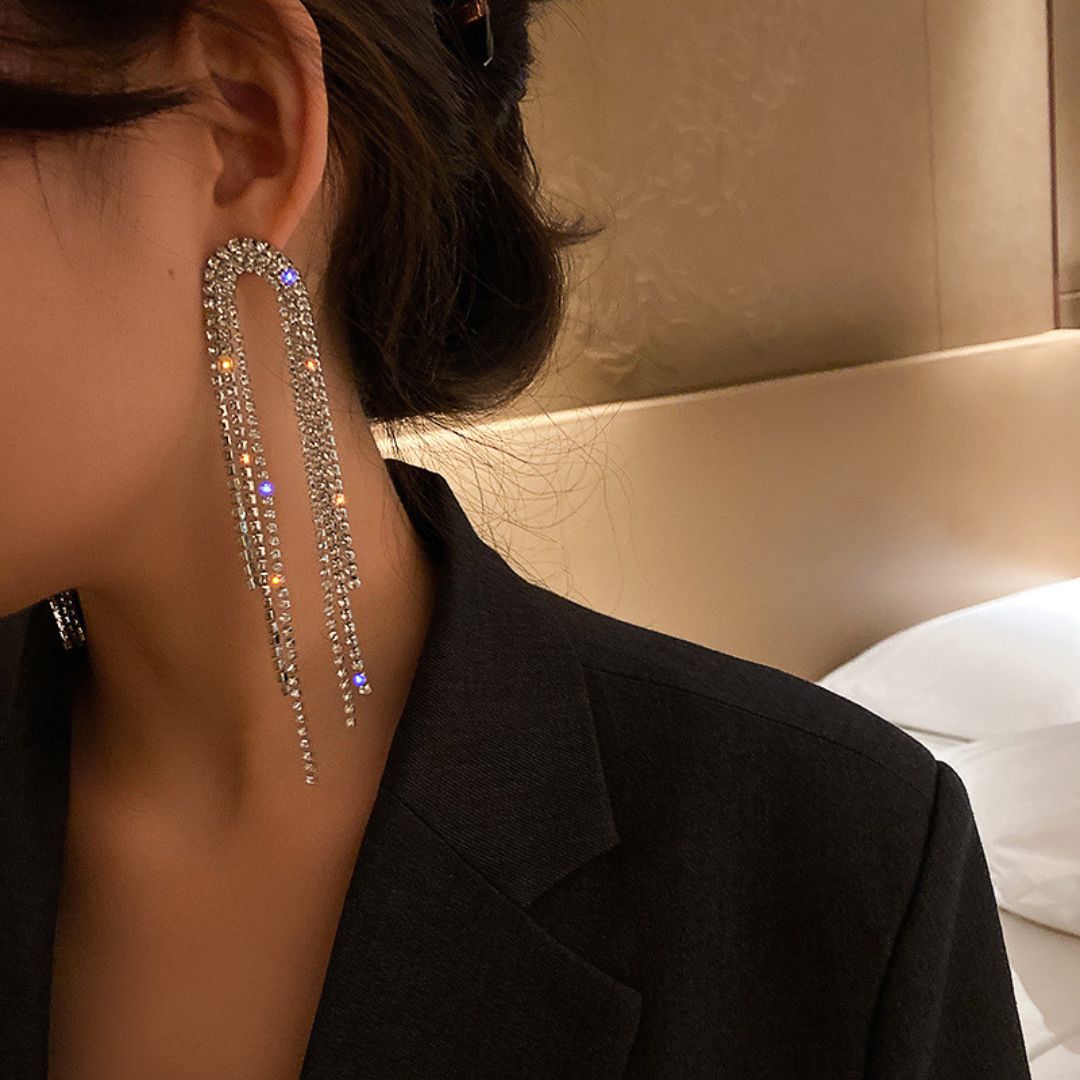Rhinestone Silver Long Chain Earrings