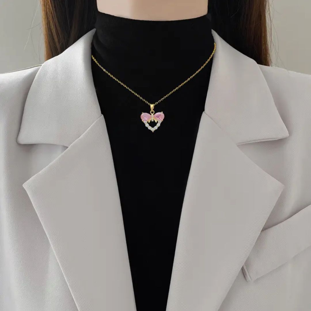 Elegant Pink Bow Heart Necklace