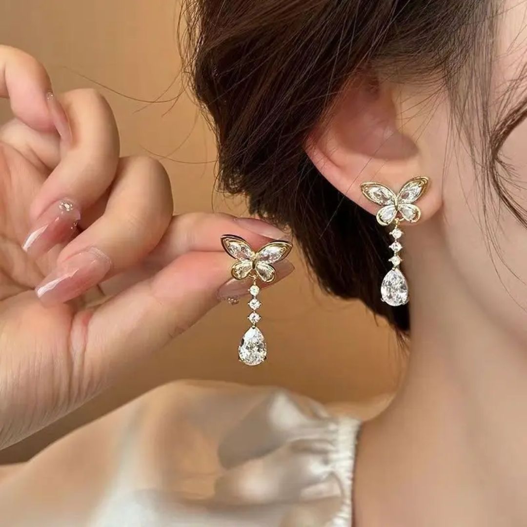 Golden Teardrop Butterflies Earring