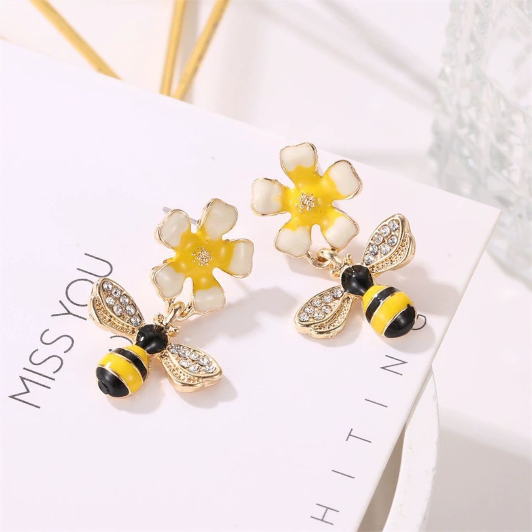 Sunflower and Bee Drop Earrings