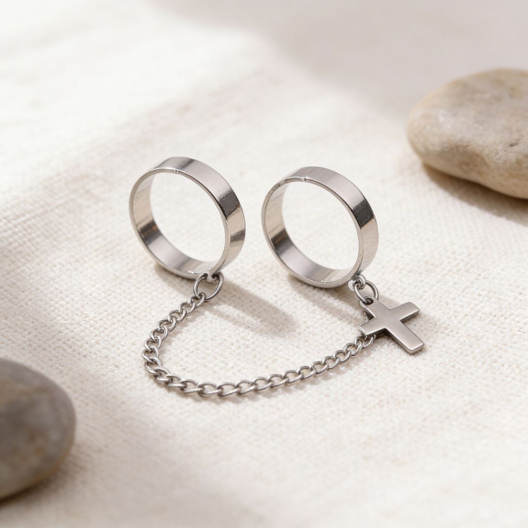 Silver Cross Chain Double Ring