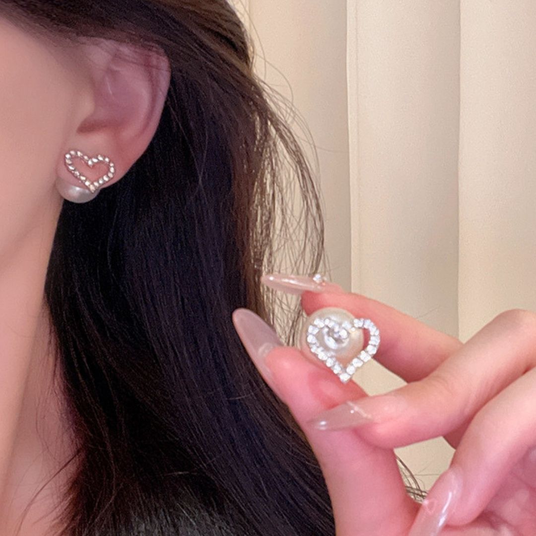 Beloved Heart & Pearl Studs Earrings