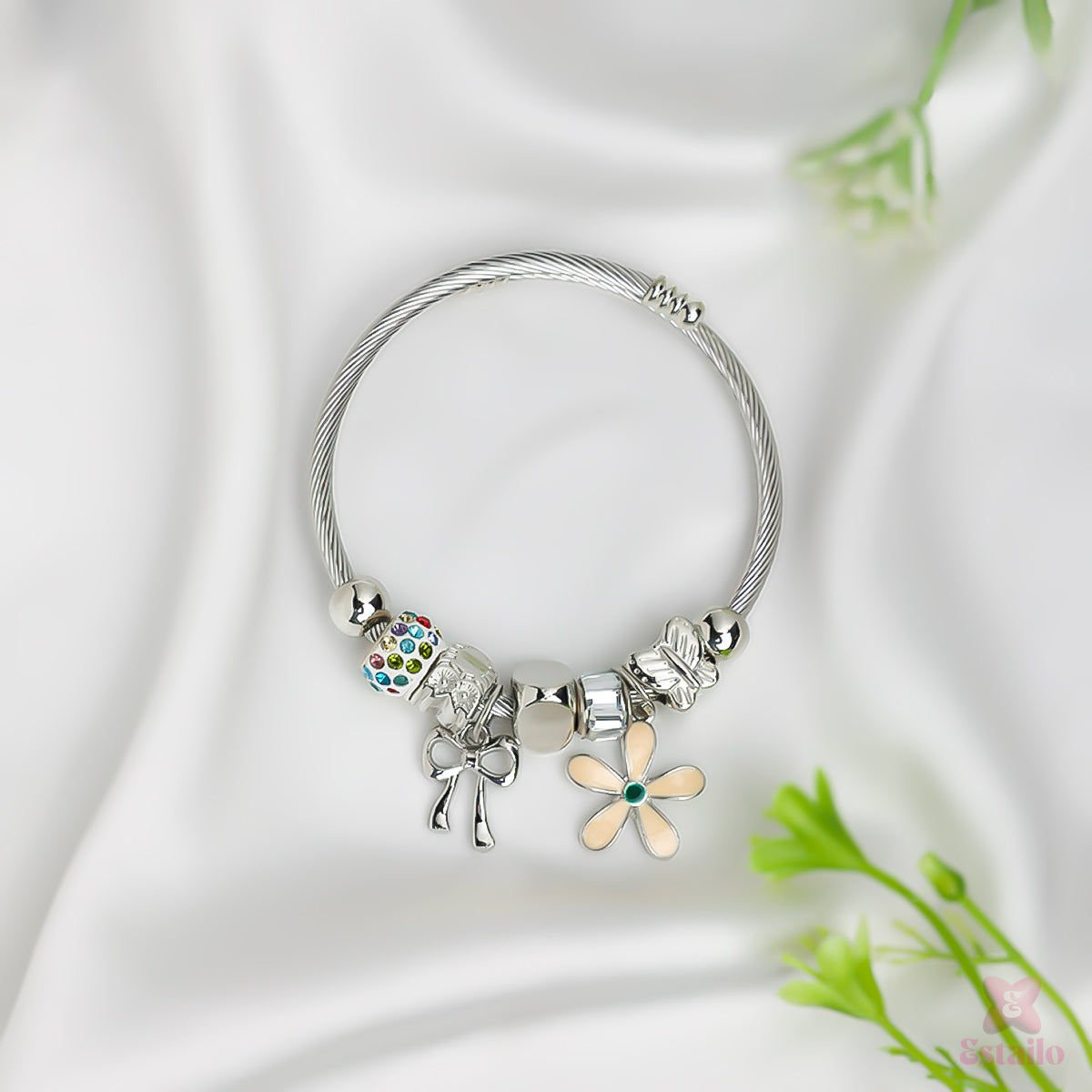 Bow Lily  Silver Charm Bracelet