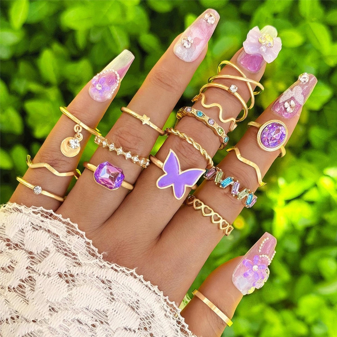 Purple Butterfly & Zircon Ring Set