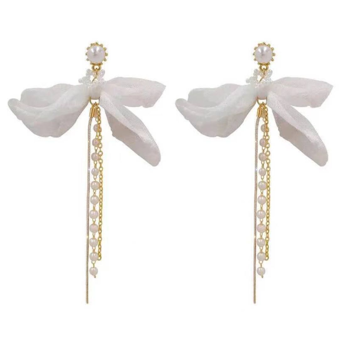 Chiffon Bow & Pearl Tassel Earrings